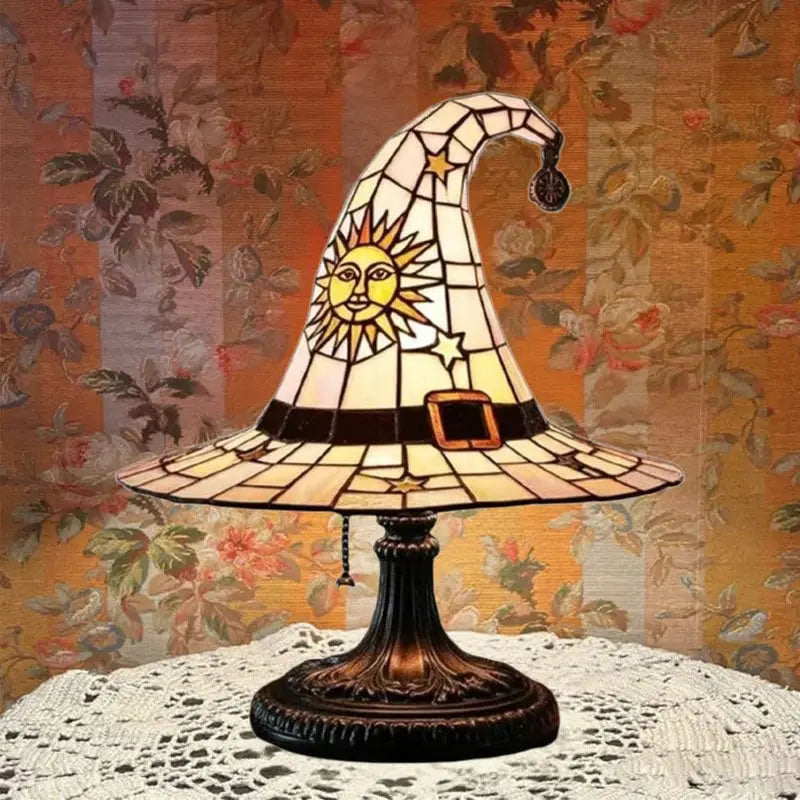 Spooky Witch Hat Stained Glass Night Light – Halloween Gothic Table Lamp
