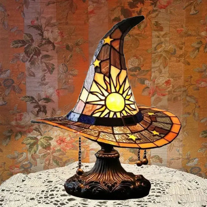 Spooky Witch Hat Stained Glass Night Light – Halloween Gothic Table Lamp