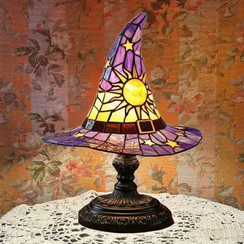 Spooky Witch Hat Stained Glass Night Light – Halloween Gothic Table Lamp