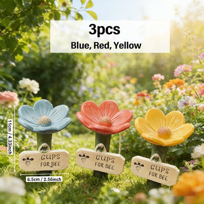 3PCS Flower Bee Water Station – Garden Pollinator Watering Cups with Decorative Stakes