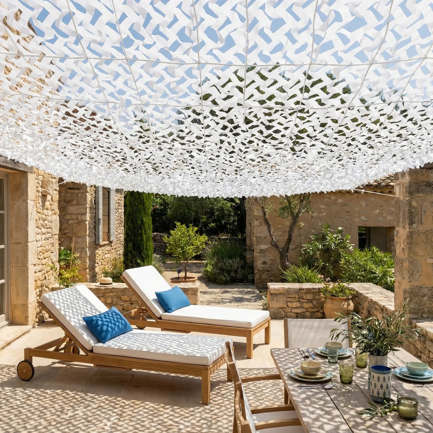 White Reinforced Camouflage Shade Net for Patio & Pergola – Bright Light Shading