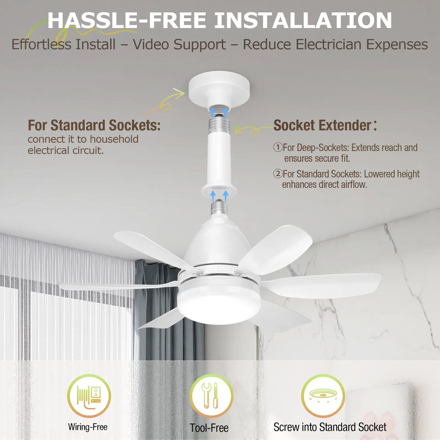 Socket Fan Light – LED Ceiling Fan with Light & Remote Control, Dimmable 3-Color Lighting
