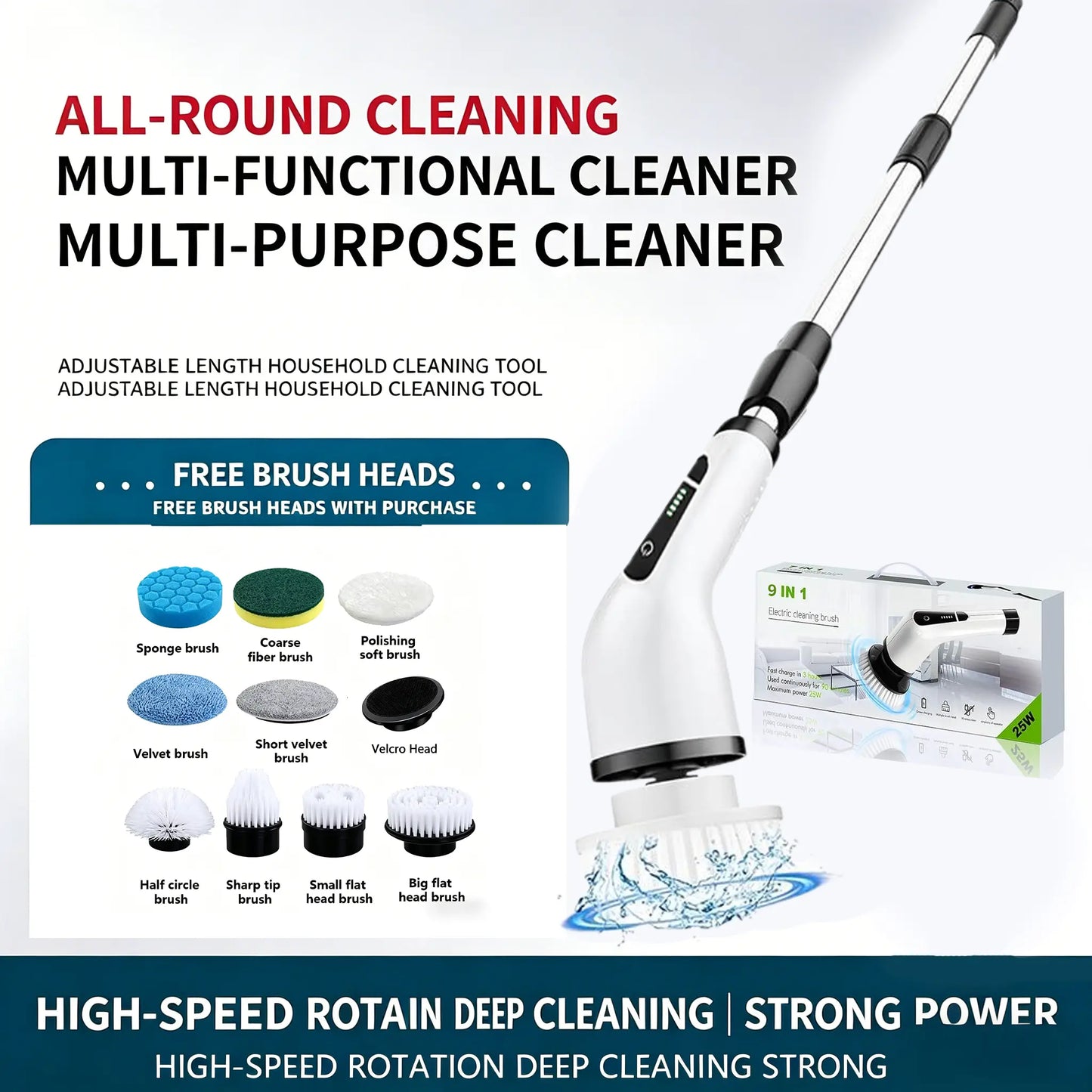 Electric Telescopic Cleaning Brush 9-in-1 – Powerful Deep Cleaning for Home Surfaces