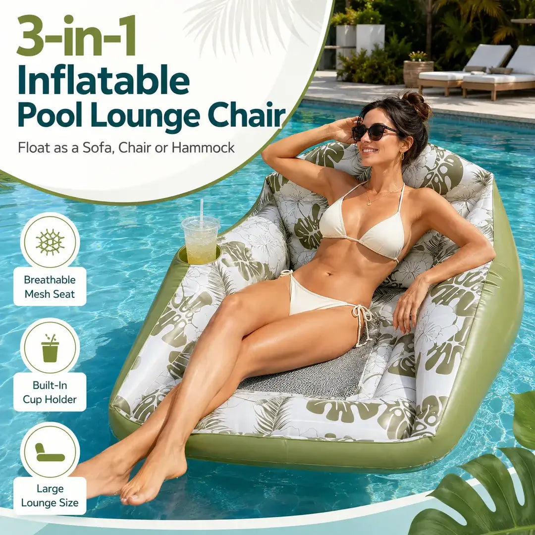 3-in-1 Inflatable Pool Lounge Chair with Cup Holder – Tropical Water Sofa Float for Adults