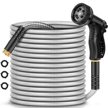 Metal Garden Hose – Heavy Duty Stainless Steel Hose with 10-Pattern Spray Nozzle