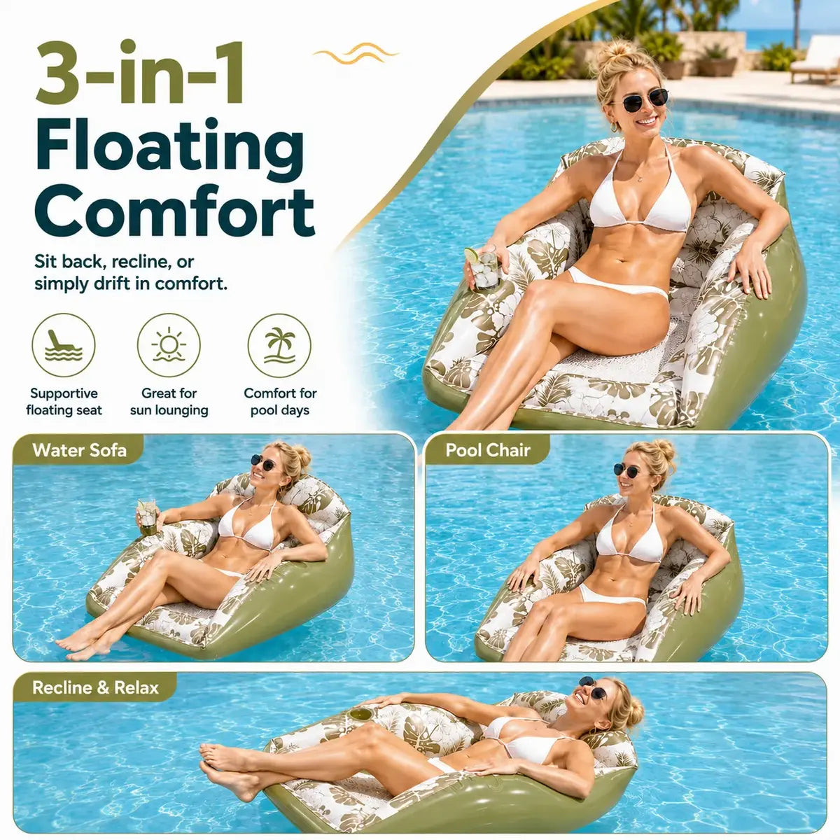 3-in-1 Inflatable Pool Lounge Chair with Cup Holder – Tropical Water Sofa Float for Adults