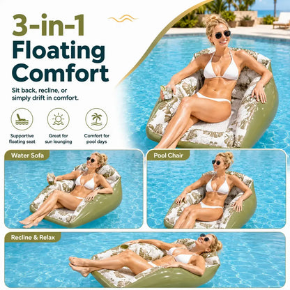 3-in-1 Inflatable Pool Lounge Chair with Cup Holder – Tropical Water Sofa Float for Adults