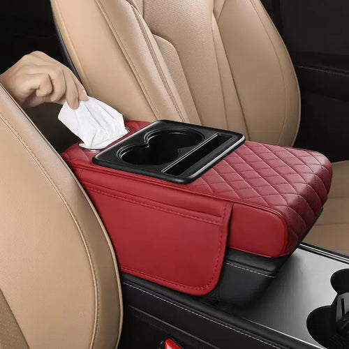 Multifunctional PU Leather Car Armrest Cushion – Center Console Organizer with Cup Holder & Tissue Box
