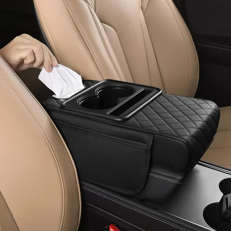 Multifunctional PU Leather Car Armrest Cushion – Center Console Organizer with Cup Holder & Tissue Box