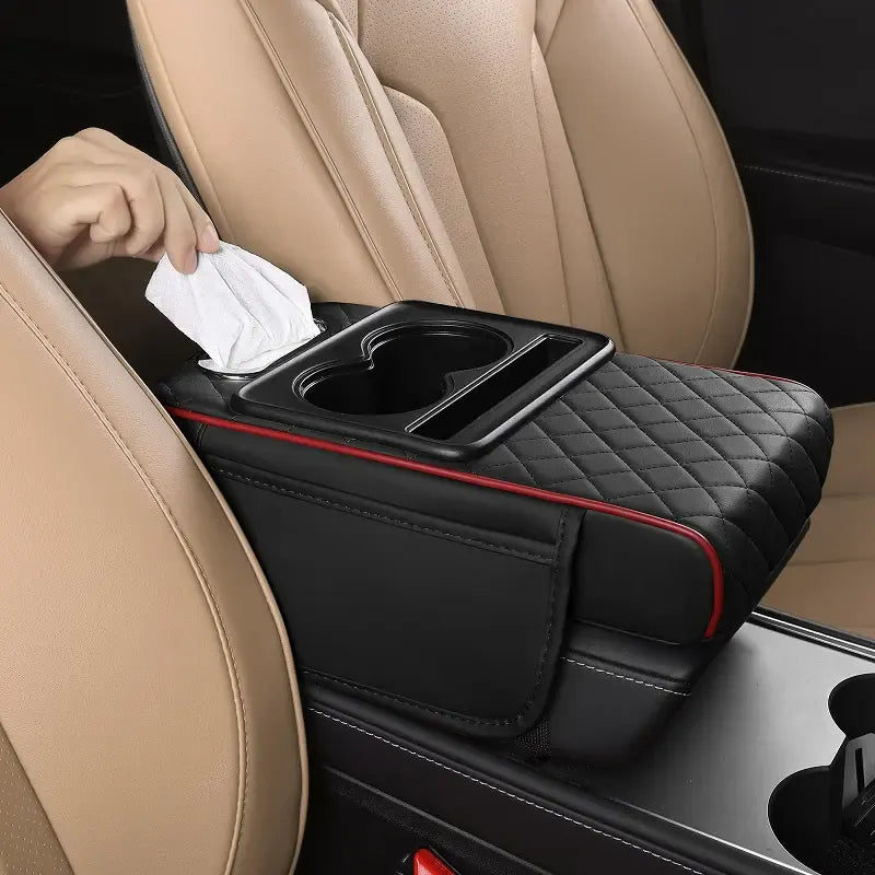 Multifunctional PU Leather Car Armrest Cushion – Center Console Organizer with Cup Holder & Tissue Box