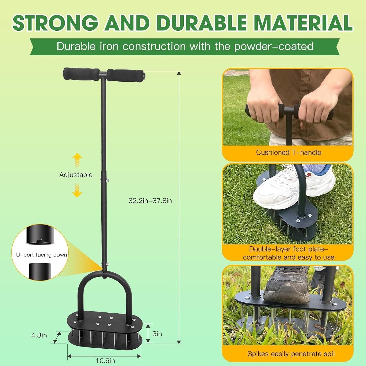 Heavy Duty Lawn Aerator – Manual Grass Aeration Tool with 15 Spikes for Yard Care