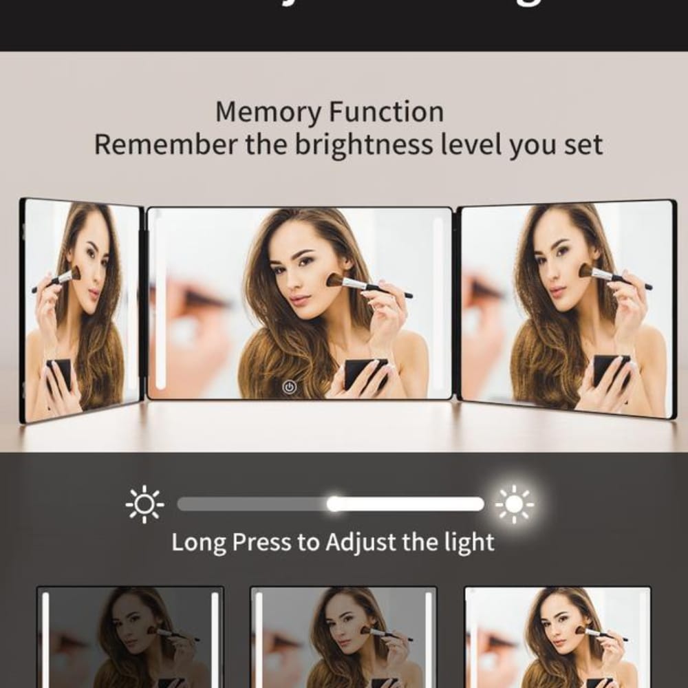 Adjustable LED Light 3-Way Mirror – Portable Trifold 360° Grooming Mirror