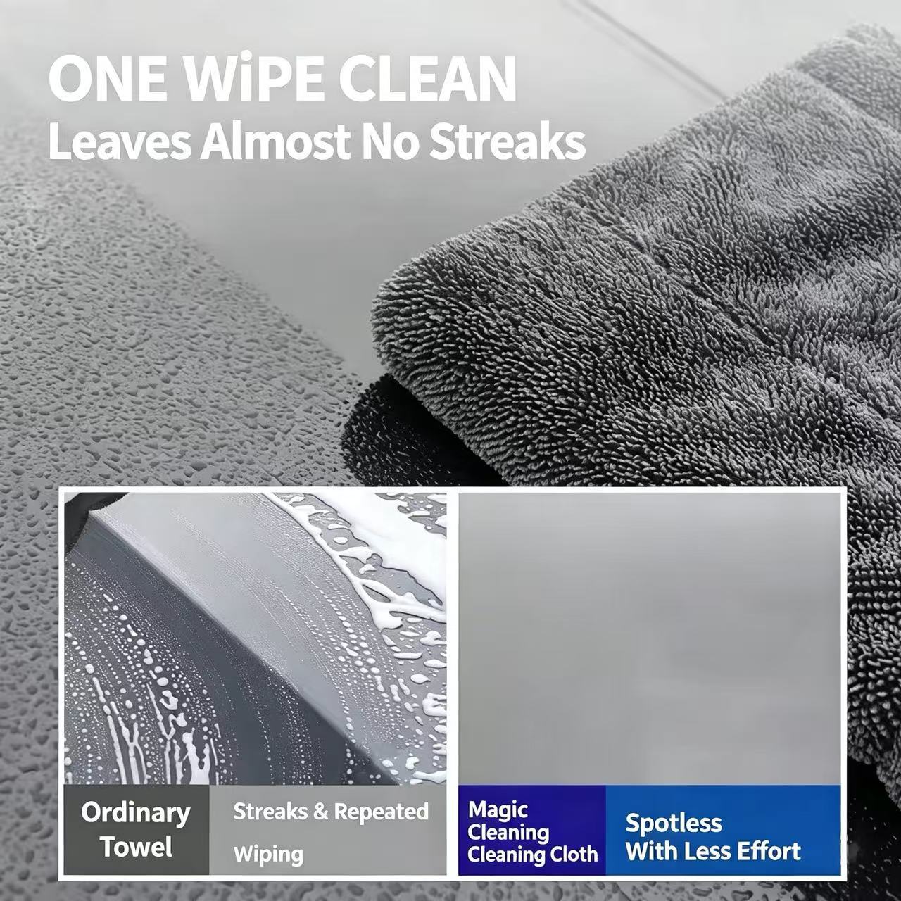 A dark gray microfiber cleaning cloth shown in a close-up product graphic with text reading 'ONE WIPE CLEAN Leaves Almost No Streaks.' The image includes a comparison inset labeled 'Ordinary Towel' versus 'Magic Cleaning Cloth' and 'Spotless With Less Effort.