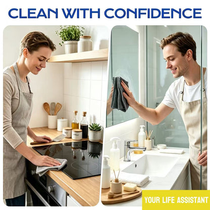 A split-screen lifestyle advertisement showing a woman cleaning a black induction cooktop and a man cleaning a glass bathroom mirror, both wearing beige aprons. The image has a blue header that reads 'CLEAN WITH CONFIDENCE' and a yellow banner at the bottom right that says 'YOUR LIFE ASSISTANT'.