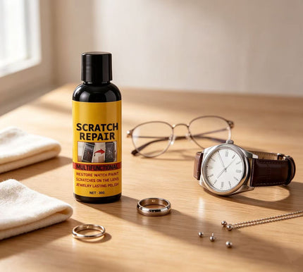 A bottle of Scratch Repair multi-functional watch polish and cleaner stands on a wooden table next to a watch, eyeglasses, rings, and a folded cloth.