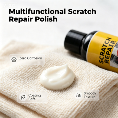 A bottle of Scratch Repair Polish lies on a folded cream towel beside a dollop of white cream, with text reading 'Multifunctional Scratch Repair Polish' and feature callouts for zero corrosion, coating safe, and smooth texture.